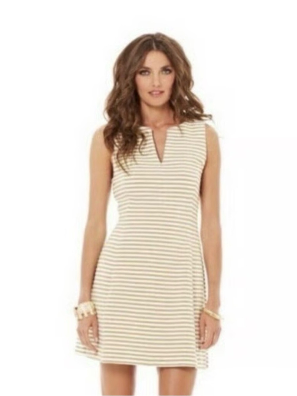 Lilly Pulitzer Cream & Tan Striped Sleeveless V-Notch Shift Dress